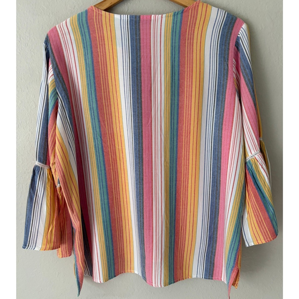 Rebecca Malone Women Multi Color Striped Bell Sleeve V-Neck Blouse XL Boho Top - Picture 2 of 6